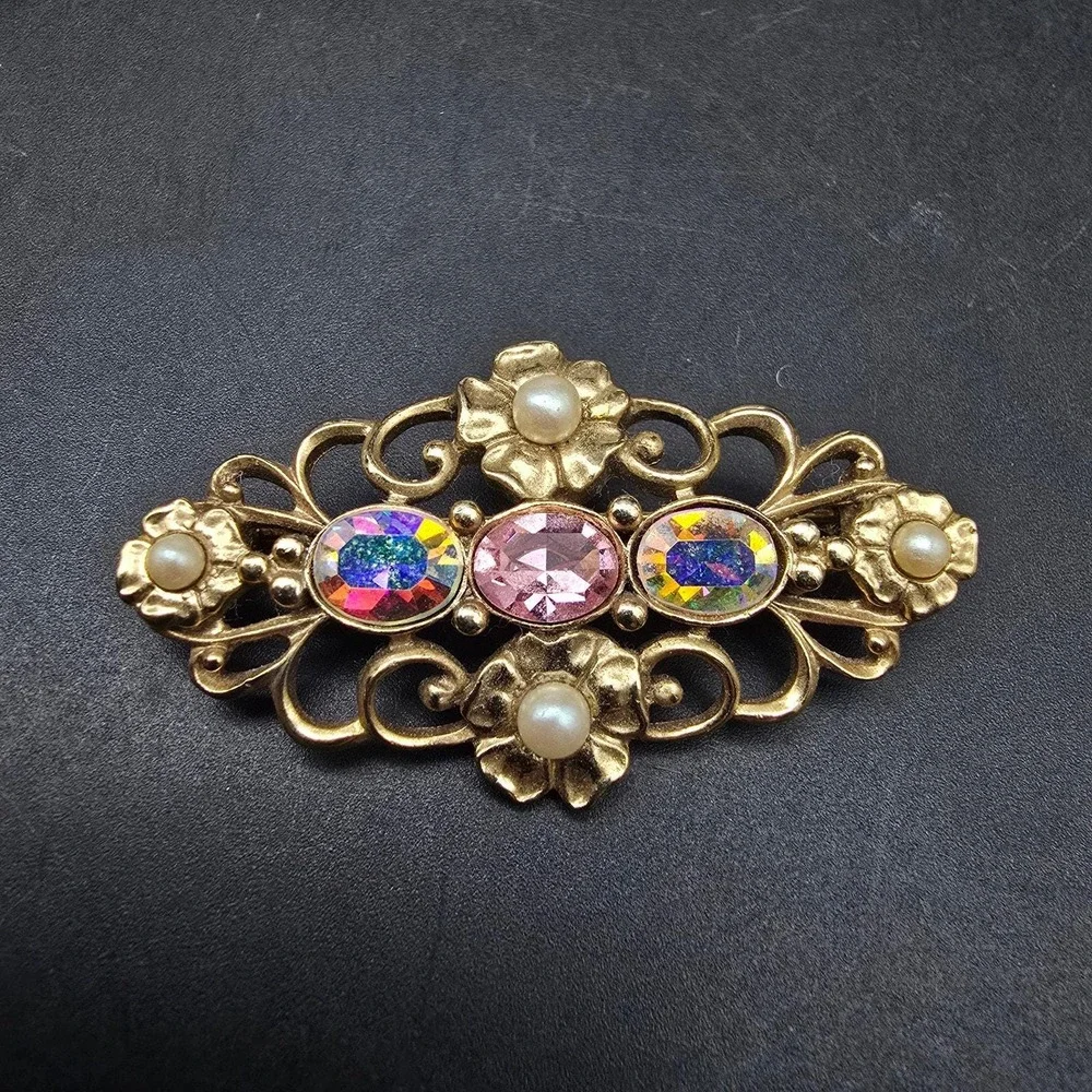 1928 Brand Brooch Gold Tone Filigree Rhinestone Faux Pearl